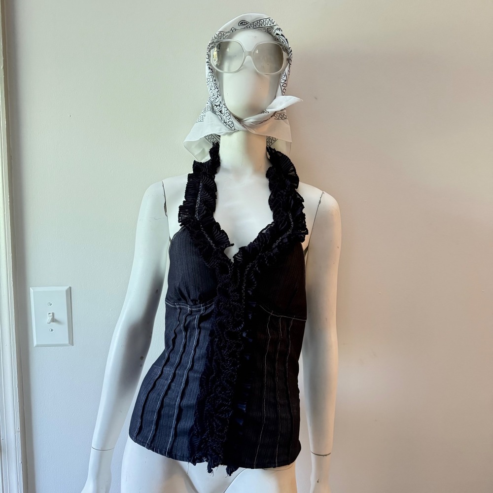 Y2K Denim Corset Bustier Ruffle Halter Top Dark Cottagecore Light Gothic Large